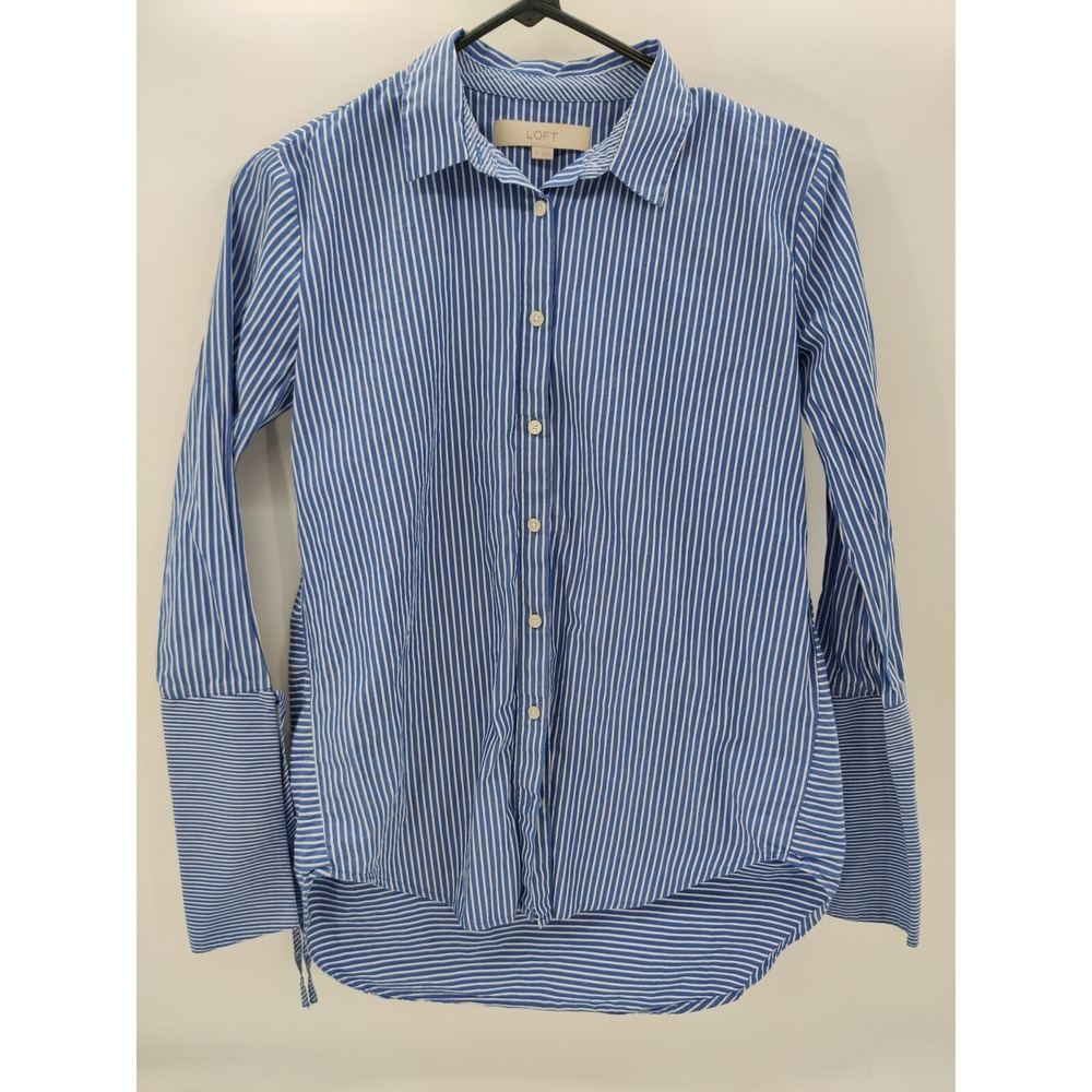 Loft Womens Blue White Striped Button Down Bell Sleeve Tie Cuff Shirt Size XS